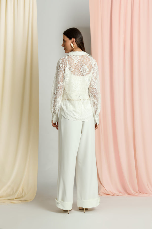 Camisa De Renda Com Detalhes Em Cetim TRIMIX
