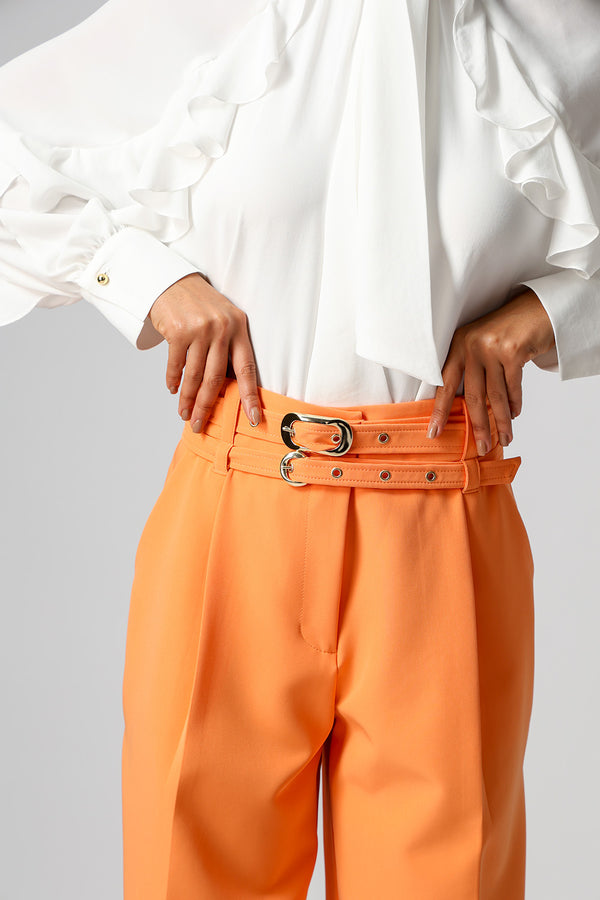 Calça Alfaiataria Com Pregas e Cintos - TANGERINA