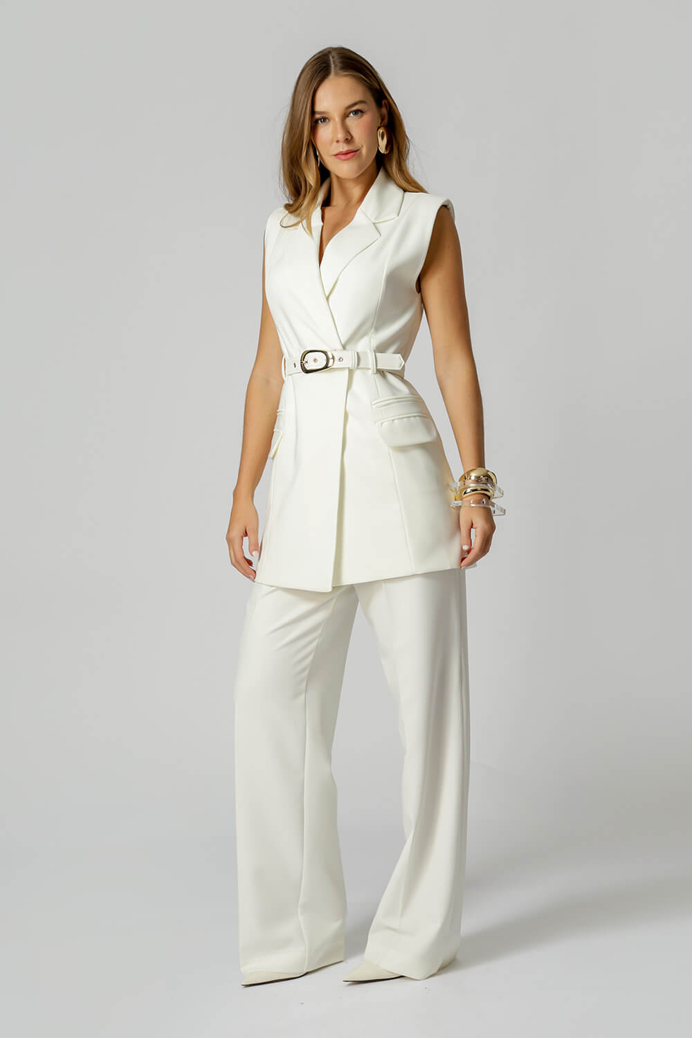 Vestido Colete Com Cinto - OFF WHITE