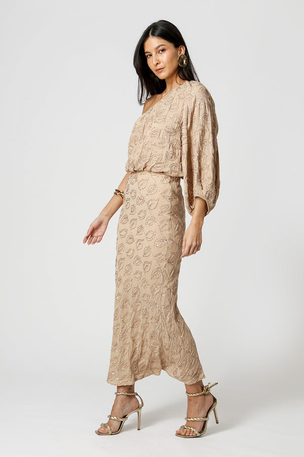 Blusa Ombro Único Paetê Folhas - AREIA 90168