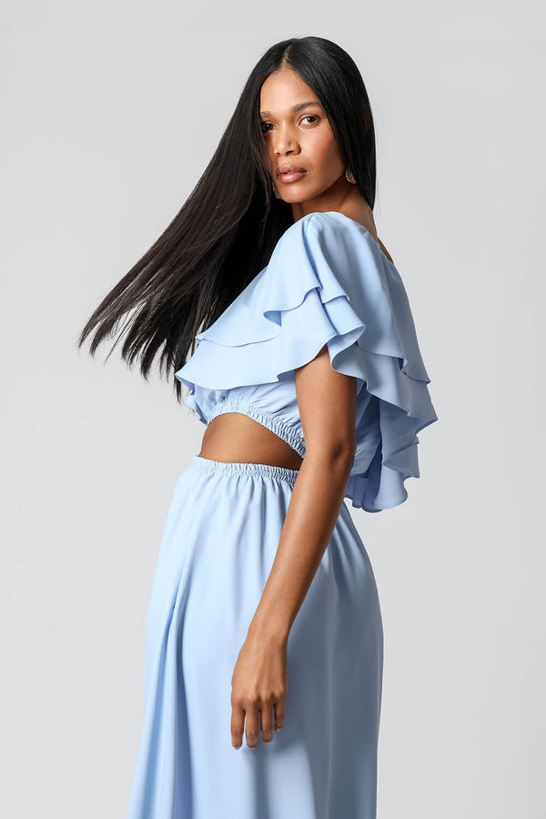 Vestido Com Babados e Abertura Lateral - AZUL CLARO