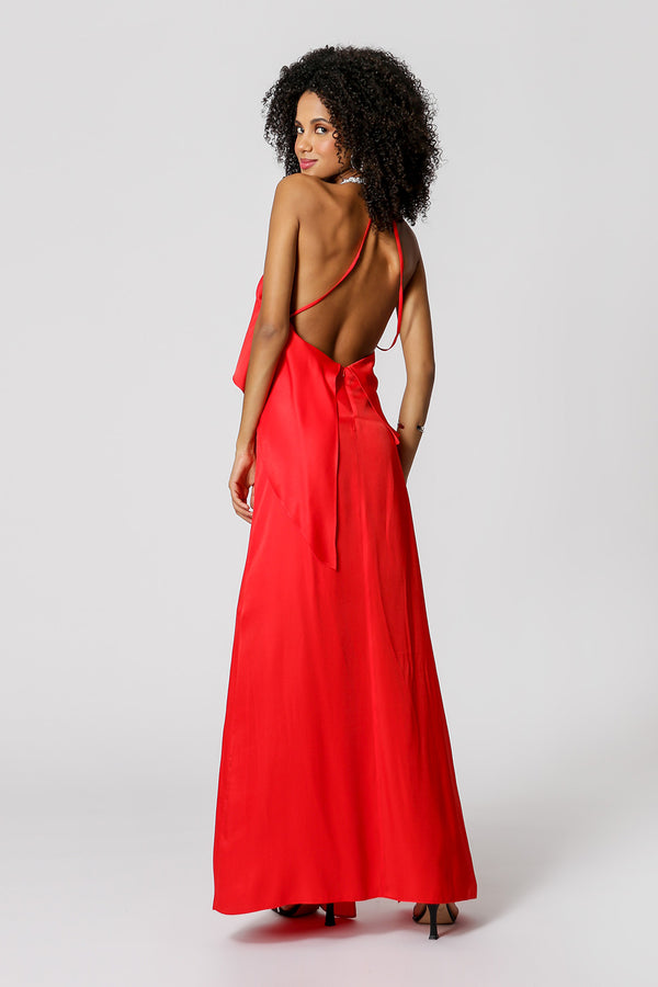 Vestido asimétrico con collar de pedrería - ROJO 2