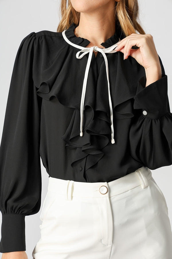 Camisa Gola Jabour Com Amarração - PRETO