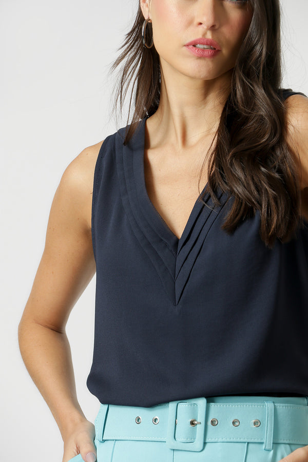 Blusa de crepé con cuello en V - AZUL MARINO