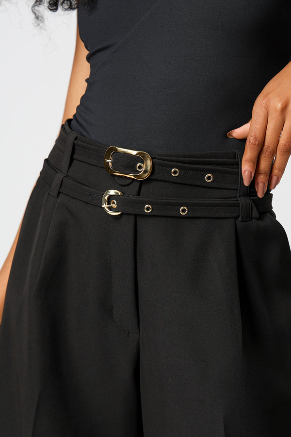 Calça Alfaiataria Com Pregas e Cintos - PRETO