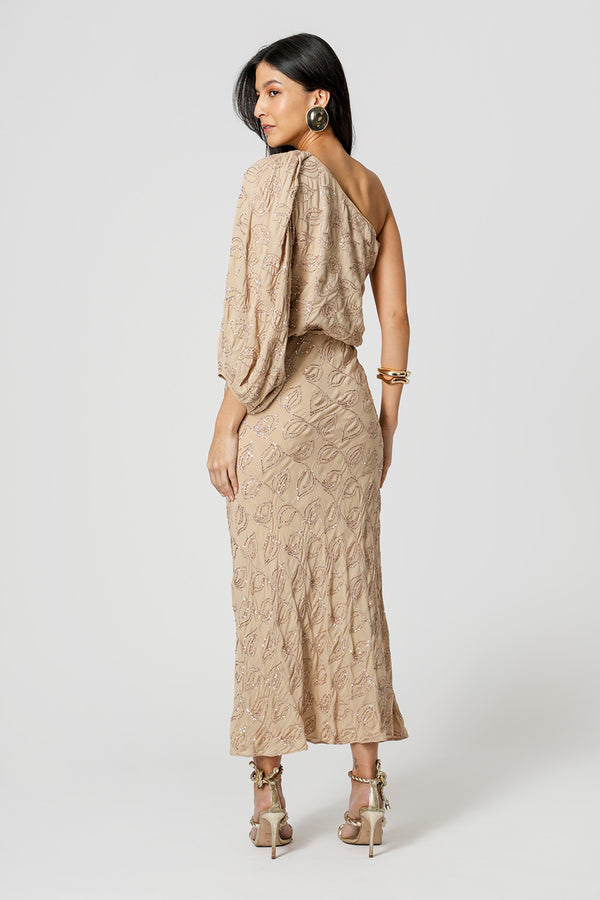 Blusa Ombro Único Paetê Folhas - AREIA 90168