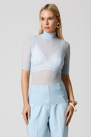 Blusa Em Tule Manga Curta - AZUL CLARO