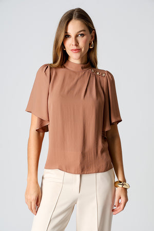 Blusa Botões Dourados e Manga Angel - MARROM