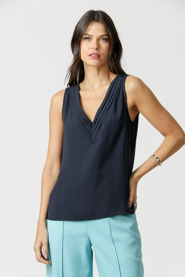 Blusa de crepé con cuello en V - AZUL MARINO