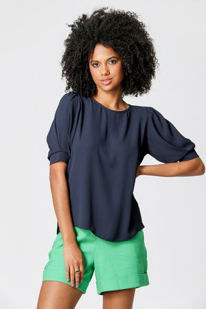 Blusa con mangas abullonadas - AZUL MARINO